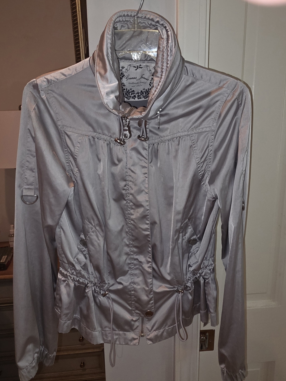 0Guess Light Silver Bomber Sryle Jacket with Drawcord Waist